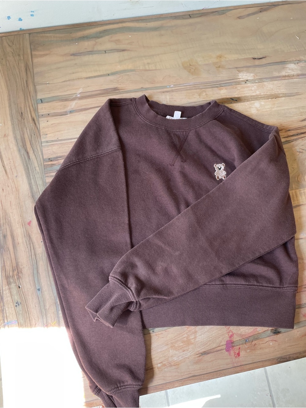 Juniors Brown Crewneck Sweatshirt with Bear Patch
